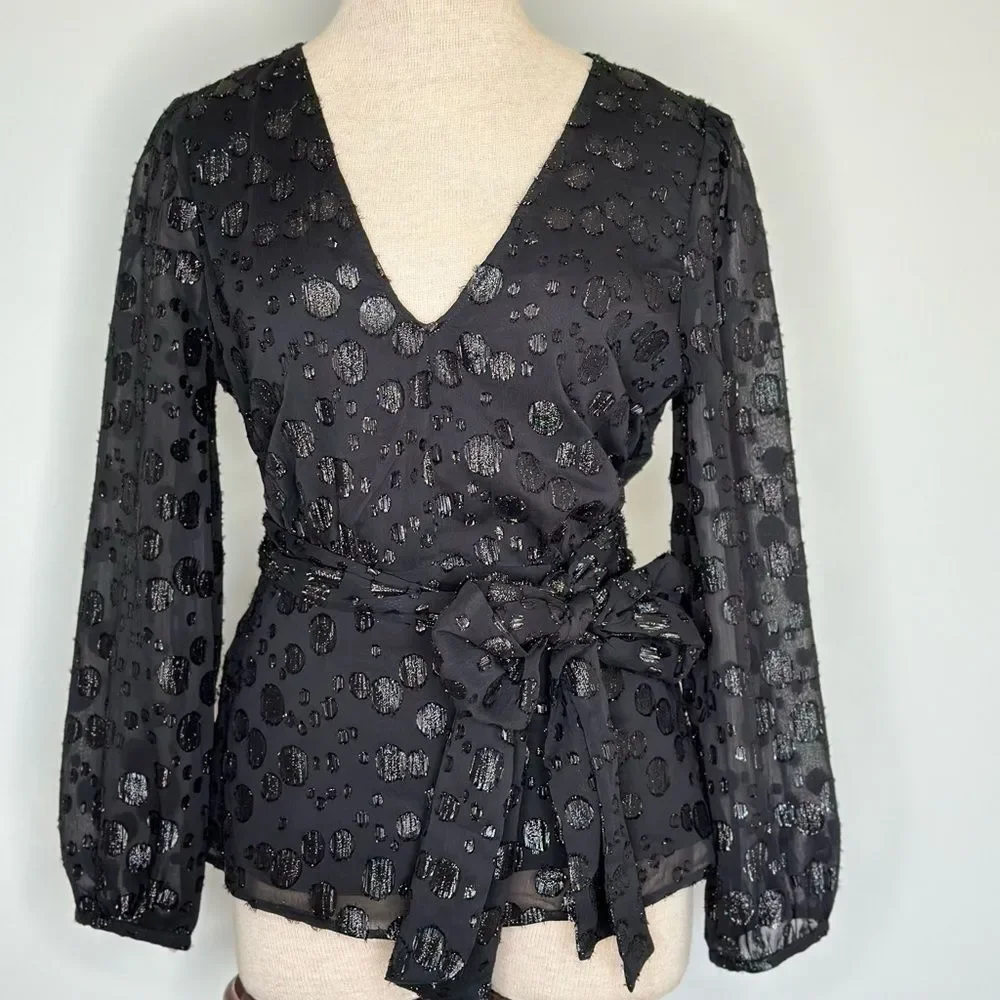 J Crew Tie Waist V-Neck Metallic Dot Jacquard Blouse Black Size Small